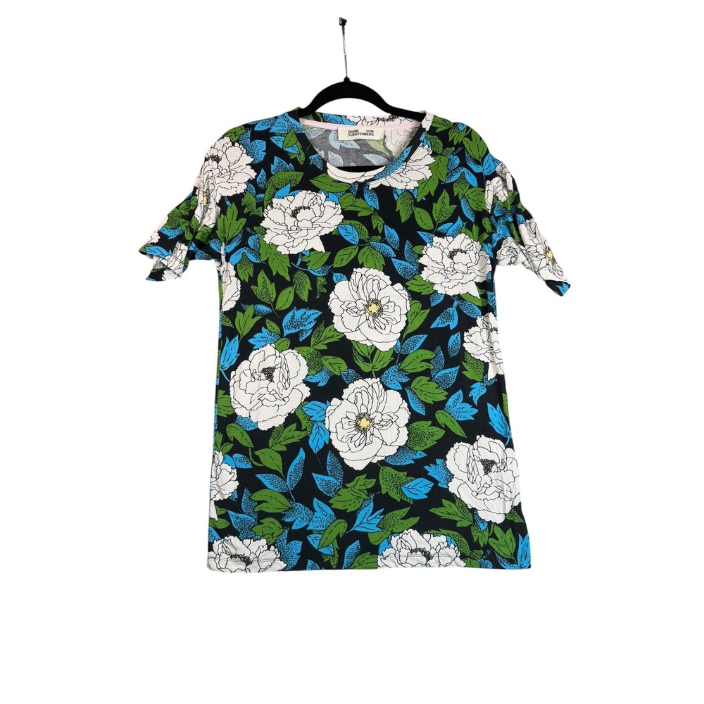Diane von Furstenberg DVF Floral Print Short Sleeve Crew Neck Tee Top Black Blue